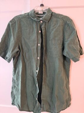 John Lewis Green Linen Short Sleeve Casual button Down sz M Regular fit Resort